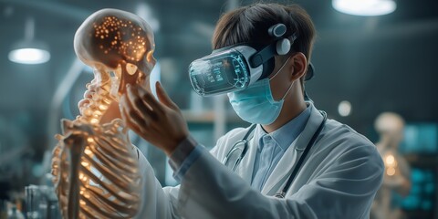 career development medical concept. A researcher using VR with a skeleton model for study.