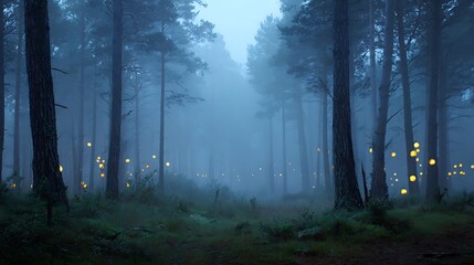 Fototapeta premium Still pine forest at daybreak with floating glowing orbs and thick fog