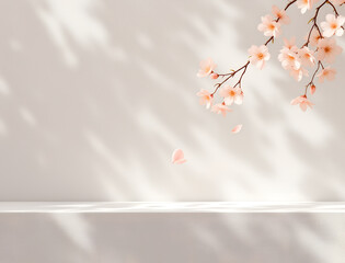 Delicate pink cherry blossom branch with falling petals against a white background and shadows