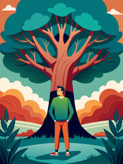 Contemplation Underneath a Giant Tree. A Serene Nature Scene