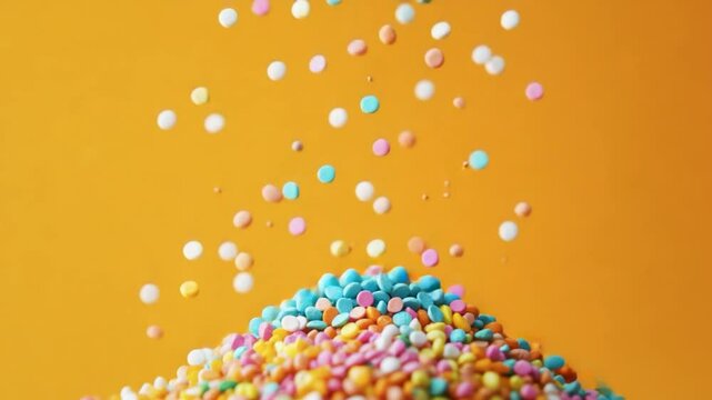 Colorful sprinkles falling onto a pile against a vibrant orange background.