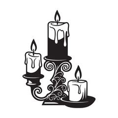 Three Burning Candles Melted Wax Dripping Ornate Black Candle Holder Vintage Style Black and White Graphic