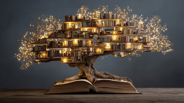 Bookshelf resembling a tree with bright glowing books as leaves