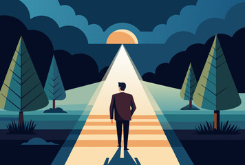 Businessman Walking Towards the Light. A Journey of Success and Growth