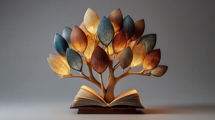 Tree shaped bookshelf with glowing books acting as leaves