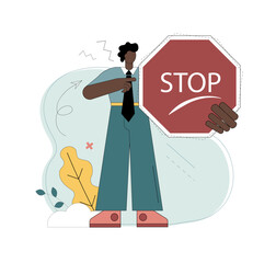 Stop sign. Protest. Boycott. Strike. Maintain personal boundaries. A man holds a stop sign.eps