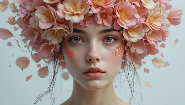 beautiful girl with flowers, porcelain skin, vibrant floral crown, dreamy expression, enchanting portrait, delicate petals, soft focus, ethereal aesthetic, high-resolution digital art, 4K and HD image