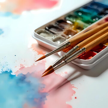 A set of watercolor paints and bruses on a clean desk