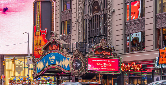 NYC, New York State, United States of America, 4 June 2024. Hard Rock Cafe and traffic.