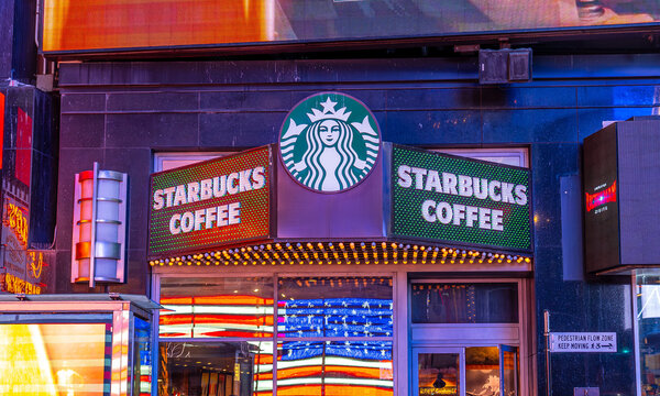NYC, New York State, United States of America, 4 June 2024. Starbucks Coffee Shop in Times Square.