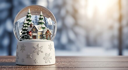 Charming christmas snow globe with festive village scene and falling snowflakes on a wooden surface