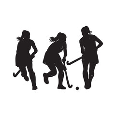 Three Female Field Hockey Players Silhouettes Action Poses Black White Sport Competition Game