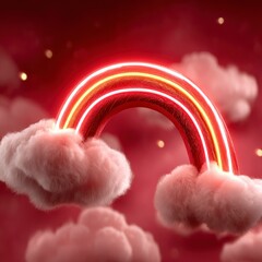 Red neon rainbow with white and yellow stripes emerges from fluffy pink clouds against a red background