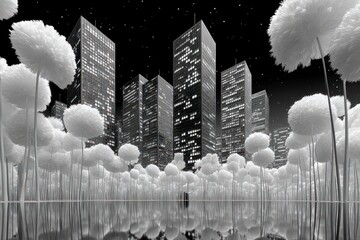 Surreal night cityscape with glowing buildings and abstract white floral structures reflected in water