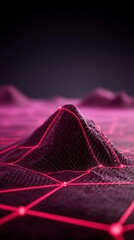 Abstract digital landscape with glowing pink network lines on dark terrain