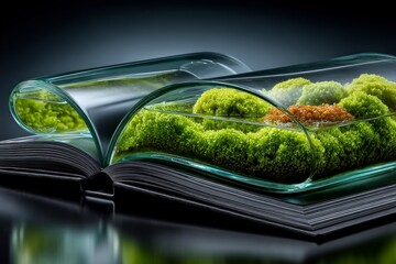 Open book with curved glass containers holding moss and water creating miniature ecosystems