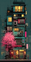 Pixel art depiction of a narrow building with many windows air conditioners and a vibrant cherry blossom tree in bloom