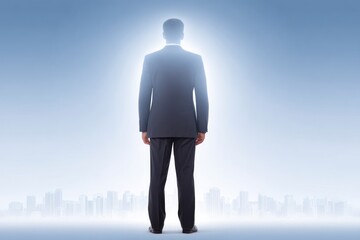 Man in dark suit stands facing a bright light with city skyline behind