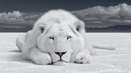 Majestic white lion reclines on a vast white plain under a dramatic grey sky