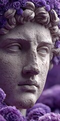 Close up of ancient Greek marble sculpture head adorned with vibrant purple flowers