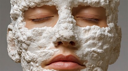 Close up of a person's face covered in white powdery substance with eyes closed