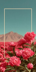 Close up view of pink peonies in a field with soft mountains and clear sky in background