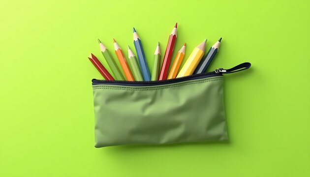 Colorful pencils in a green pouch against a vibrant lime green background