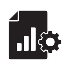 Performance report glyph icon with a document bar chart and gear for business data analysis process optimization and management strategy