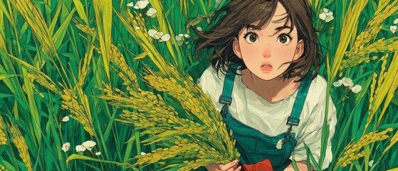 Young girl in overalls holding rice stalks amidst lush green fields and small white flowers
