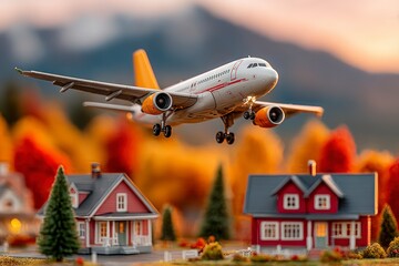 A toy airplane descends over a miniature village with autumn foliage and mountains in the background