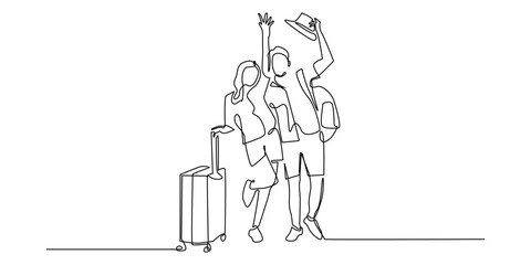 one continuous line man and woman going on vacation.single line vector vacation.line art.eps 10