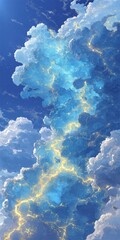 Deep blue cumulus clouds illuminated with luminous golden lightning streaks against a clear sky