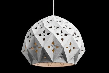White geometric pendant light with intricate cutouts and textured surface