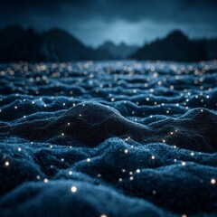 Dark textured landscape with many small glowing lights under a stormy sky