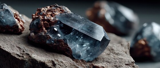 Close up view of a large faceted translucent blue crystal cluster embedded in rough copper ore