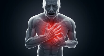Person Holding Chest. Symbol of Angina, Heart Attack, or Cardiac Issues. Chest Pain Highlighted, Heart Disease, Cardiovascular Distress