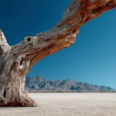 Gnarled ancient dead tree trunk in a desert landscape with distant mountains and clear blue sky