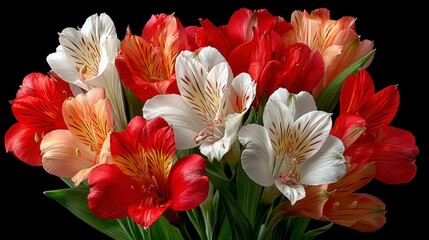A vibrant bouquet of Alstroemeria flowers in red white and peach hues against a dark background