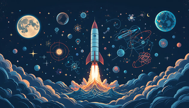space, night sky, full moon, planets, stars, rocket launch, clouds,  colorful, surreal, vibrant, digital art, 4K, and HD image