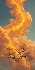Dramatic golden lightning illuminates stormy clouds surrounding silhouetted trees with autumn foliage