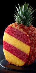 A cross section of a pineapple revealing alternating layers of yellow and red fruity filling on a dark surface