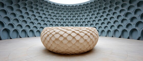 Modern textured ottoman within a geometrically patterned circular room