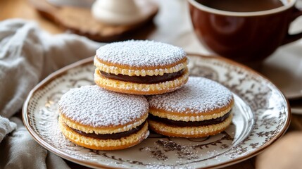 Classic Argentina's famous dessert filling, coated in chocolate or powdered sugar, arranged neatly on a plate.