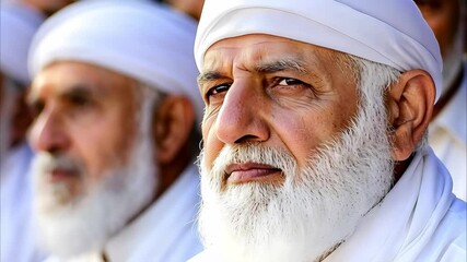A group of elderly men with white beards and traditional attire, likely during a cultural or religious gathering.