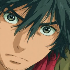 Close up portrait of a young man's face with dark hair expressive eyes and slight stubble