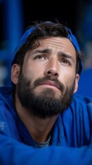 Close up portrait of a man with dark curly hair a full beard and light eyes looking upwards