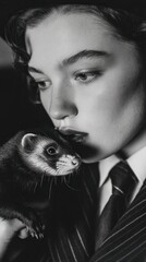 Elegant black and white portrait of a person holding a ferret close up