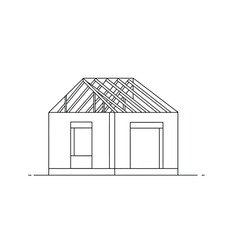 House under construction, showing framing and roof trusses.  Simple line drawing of a home's skeletal structure.
