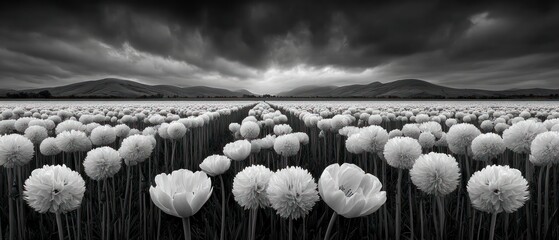 A vast field of white flowers under a dramatic cloudy sky with distant hills
