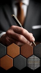 Man in suit holding pen with textured hexagons of leather and fabric below